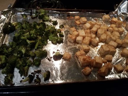crispy tofu and broccoli on pan